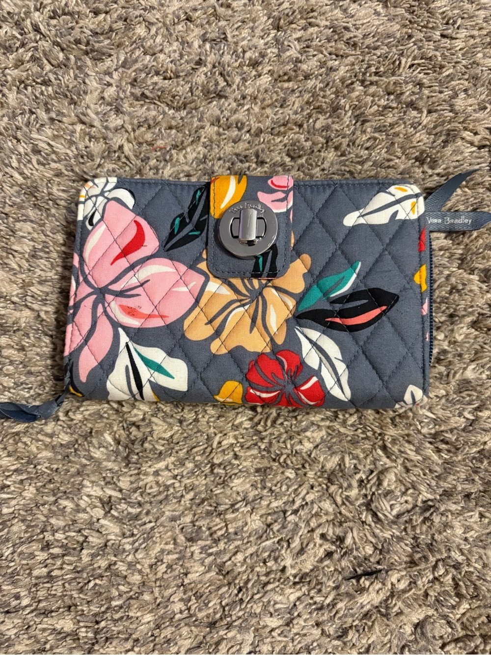 Vera Bradley Gray Quilted Floral Zip Wallet with Multicolor Blooms